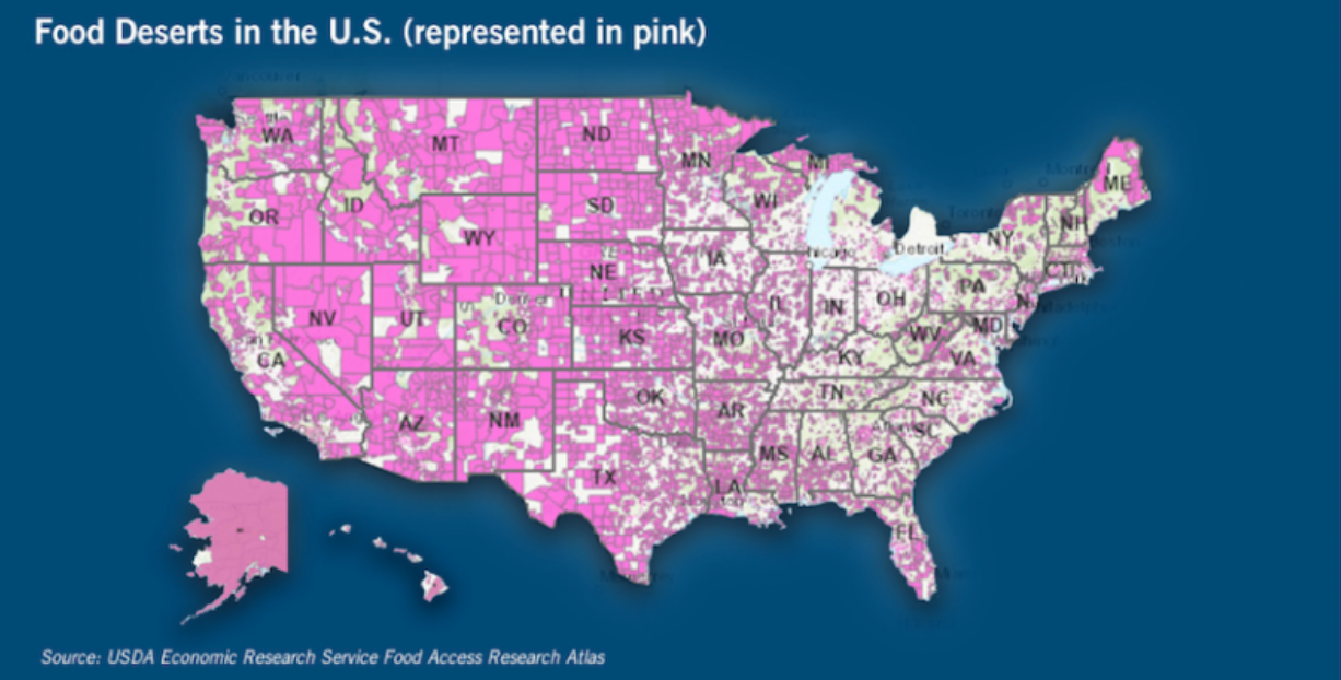 Food Deserts in the U.S. - Map showing areas represented in pink where communities lack access to healthy food